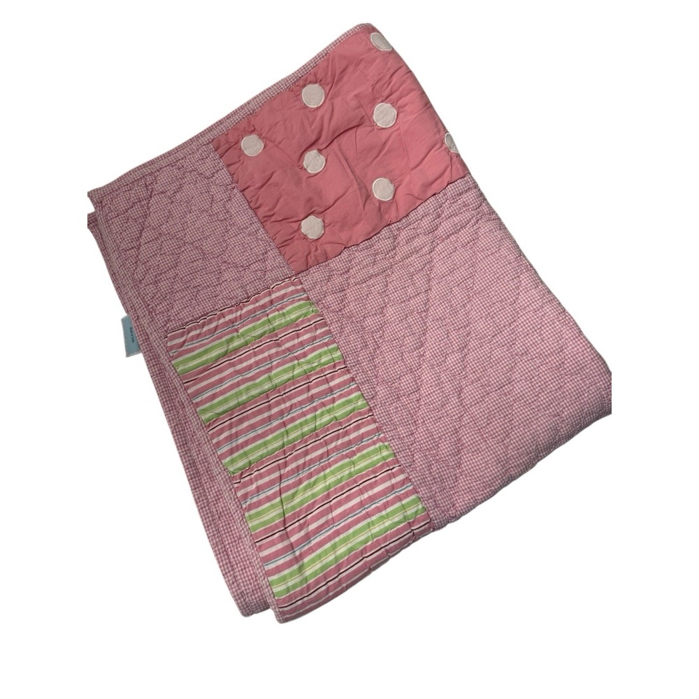 Crate‎ & Barrel Land Of Nod Pink Gingham Stripe Polka Dots Baby Girls Crib Quilt
